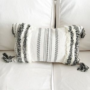 NWT Boho Throw Pillow Cover Ivory Gray & Dark Green Thread Detail